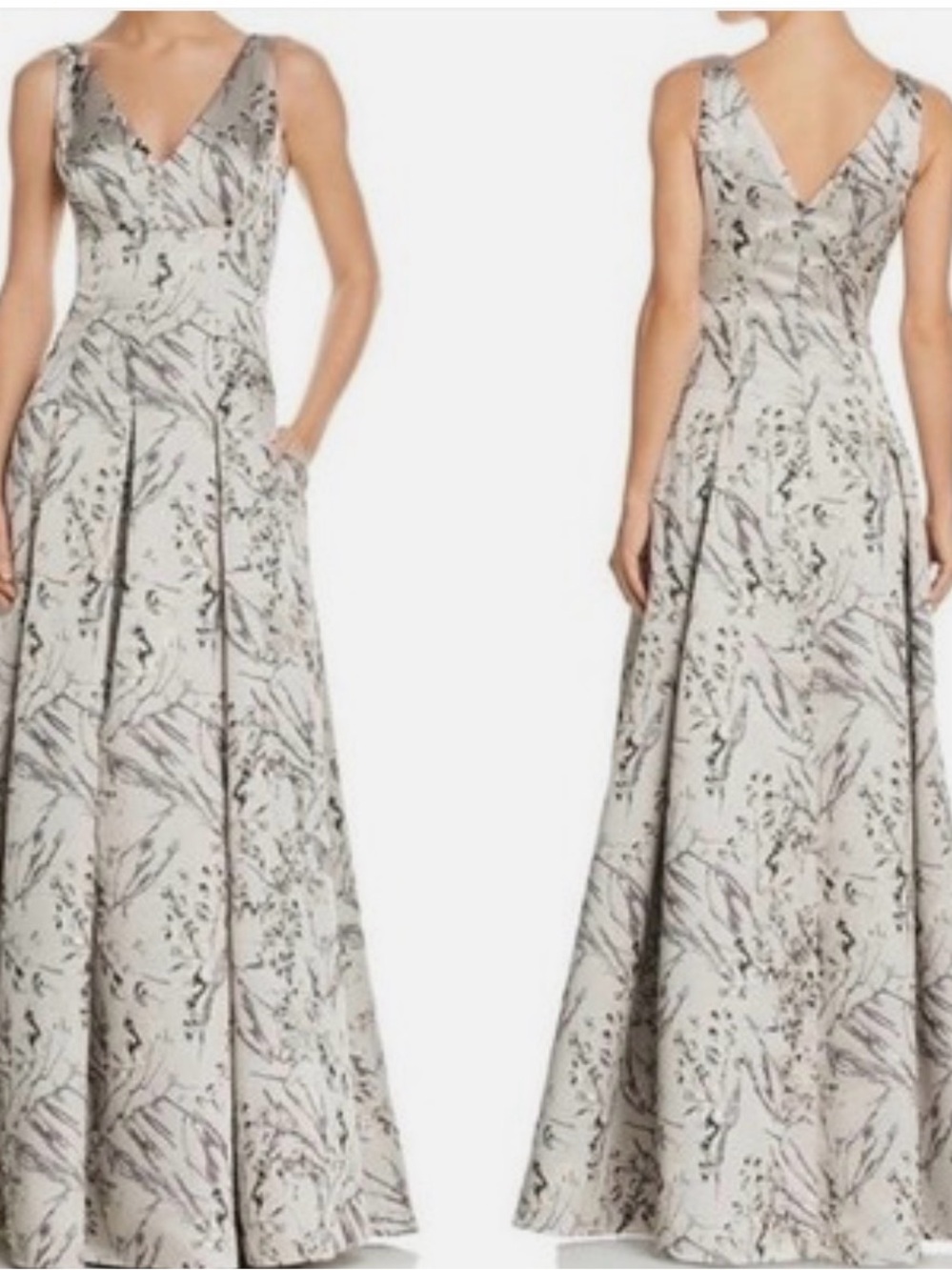 Aidan Mattox Silver Floral V-Neck Maxi Dress NWOT